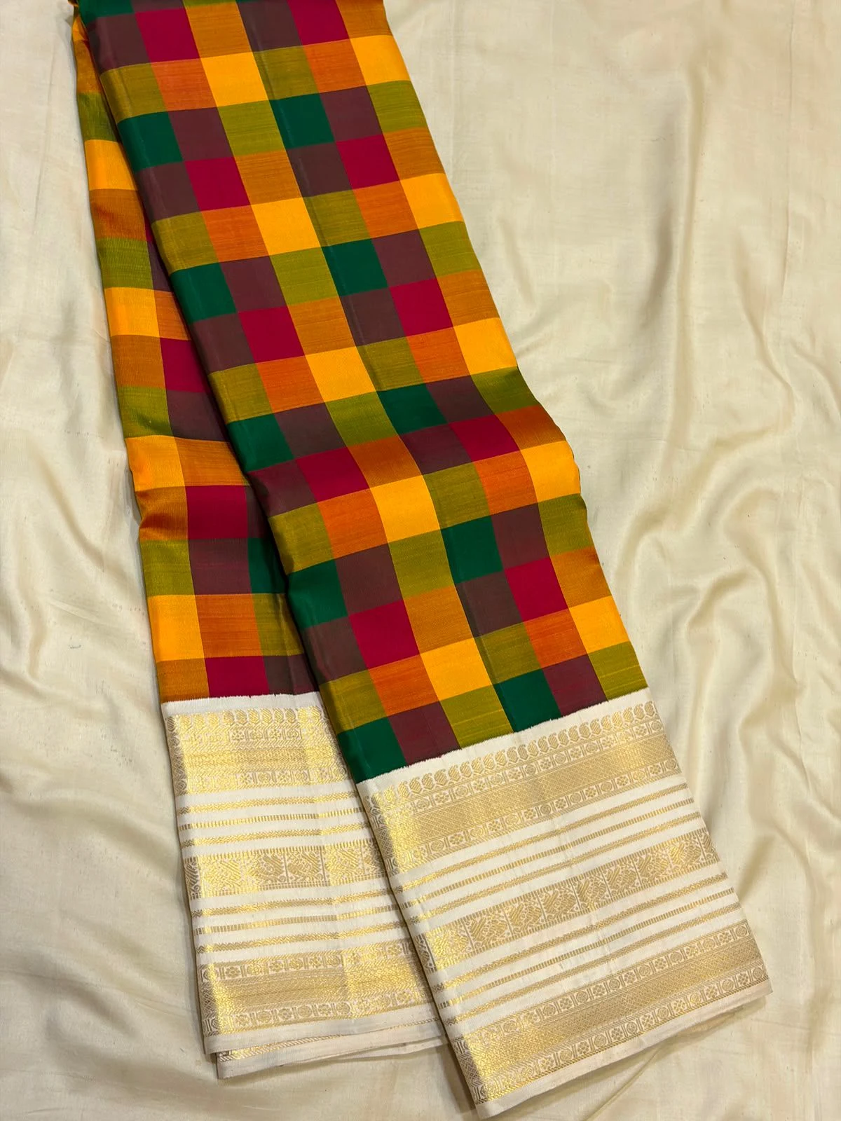 Rainbow Kattam with Cream Korvai Contrast Kanchipuram Silk Saree
